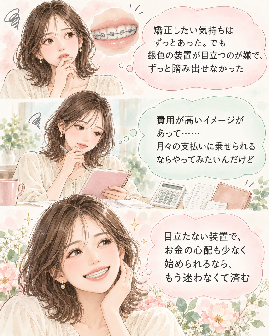 Illustration of a woman thinking about orthodontic braces and affordable payment options, with thought bubbles about braces pricing and budgeting.