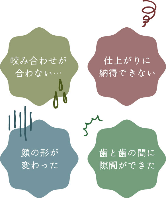 咬み合わせが合わない、仕上がりに納得できない、顔の形が変わった、歯と歯の間に隙間ができた